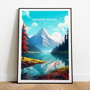 Milford Sound traditional travel print - New Zealand, Milford sound poster, New Zealand art, Wedding gift, Custom Text, Personalised Gift