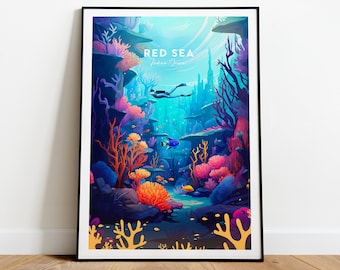 Red Sea traditional travel print -  Indian Ocean, Diving poster, Scuba Diving print, Birthday present, Custom Text, Personalised Gift