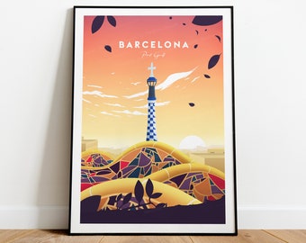 Barcelona evening traditional travel print - Park Güell, Barcelona poster, Travel prints, Birthday gift, Wedding present