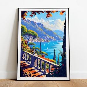 Lake Annecy traditional travel print - France, Annecy poster, Annecy print, Annecy art, Wedding gift, Custom Text, Personalised Gift