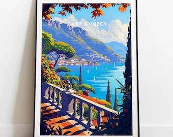 Lake Annecy traditional travel print - France, Annecy poster, Annecy print, Annecy art, Wedding gift, Custom Text, Personalised Gift