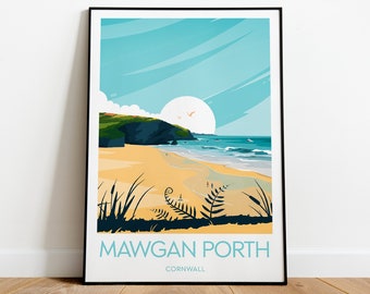 Mawgan Porth travel print - Cornwall, Mawgan Porth print, Cornwall artwork, Wedding gift, Birthday present, Custom Text, Personalised Gift