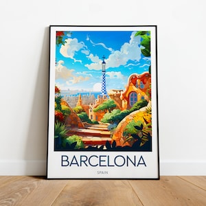 Impression de voyage à Barcelone - Espagne, affiche du Park Güell, impressions de voyage au parc Guell, cadeau d'anniversaire, cadeau de mariage, texte personnalisé, cadeau personnalisé