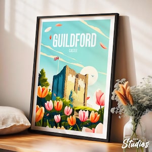Guildford Castle traditional travel print - England, Guildford poster, Guildford print, Guildford illustration, Wedding gift
