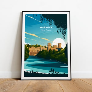 Warwick traditional travel print - United Kingdom, Warwick Castle poster, Wedding gift, Birthday present, Custom Text, Personalised Gift