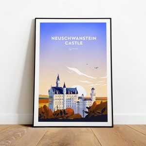 Neuschwanstein Castle traditional travel print - Germany, Custom Text, Personalised Gift