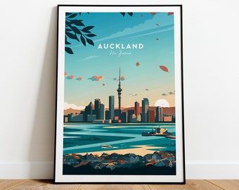 Auckland evening traditional travel print - New Zealand, Auckland poster, New Zealand print, Wedding gift, Birthday present