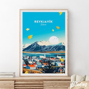 Reykjavik traditioneller Reisedruck - Island, Reykjavík Plakat, Reykjavík Illustration, Island Plakat, Hochzeitsgeschenk, Geburtstagsgeschenk