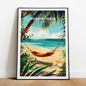 Puerto Viejo traditionele reisafdruk - Costa Rica, Puerto Viejo poster, Puerto Viejo kunst, kunst aan de muur, Puerto Viejo de Talamanca kunst aan de muur