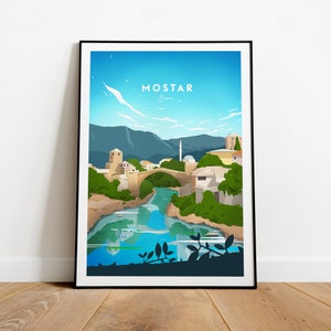 Mostar traditional travel print - Bosnia, Mostar poster, Mostar print, Birthday present, Wedding gift, Custom Text, Personalised Gift