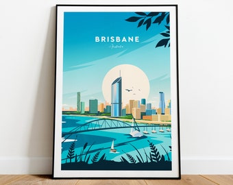 Brisbane traditional travel print - Australia, Brisbane poster, Brisbane artwork, Wedding Gift, Custom Text, Personalised Gift