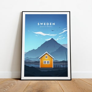 Sweden traditional travel print - Scandinavian mountains, Sweden print, Stockholm poster, Wedding gift, Birthday present