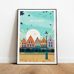 Impression de voyage traditionnelle à Bruxelles - Belgique, affiche de Bruxelles, impression de Bruxelles, oeuvre d'art belge, cadeau de mariage, texte personnalisé, cadeau personnalisé