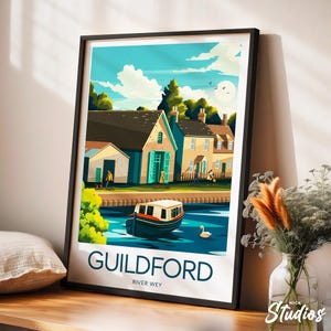 Guildford travel print - England, Guildford poster, Dapdune Wharf print, River Wey illustration, Wedding gift, Birthday present, Custom Text