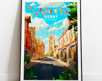 Derby traditional travel print - UK, Derby poster, Derby artwork, Wedding gift, Birthday present, Custom Text