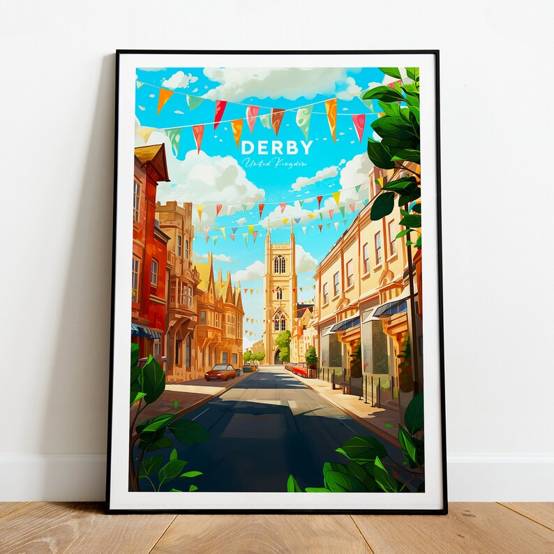Derby traditional travel print UK, Derby poster, Derby artwork, Wedding gift, Birthday present, Custom Text image 1