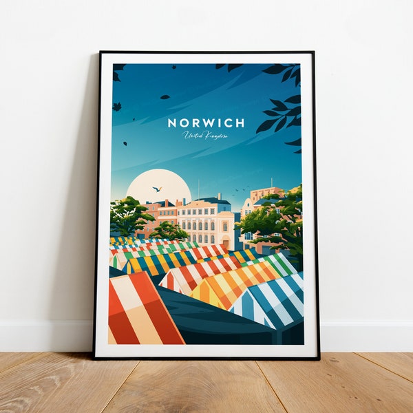 Norwich traditional travel print - Norwich poster, UK, Norfolk art, Wedding gift, Birthday present, Custom Text, Personalised Gift