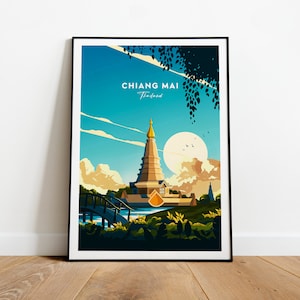 Chiang Mai traditional travel print, Thailand poster, Thailand poster, Birthday present, Wedding gift, Custom Text, Personalised Gift