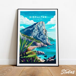 Gibraltar traditional travel print - Rock of Gibraltar, Gibraltar poster, Gibraltar artwork, Gibraltar painting, Custom Text
