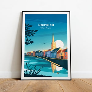 Norwich traditional travel print - United Kingdom, Norwich poster, Wedding gift, Birthday present, Custom Text, Personalised Gift