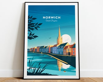 Norwich traditionele reisprint - Verenigd Koninkrijk, Norwich poster, huwelijkscadeau, verjaardagscadeau, aangepaste tekst, gepersonaliseerd cadeau