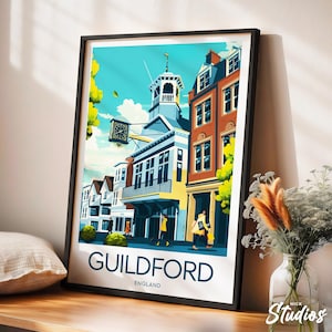 Guildford travel print - England, Guildford poster, Guildford print, Guildford illustration, Wedding gift, Birthday present, Custom Text