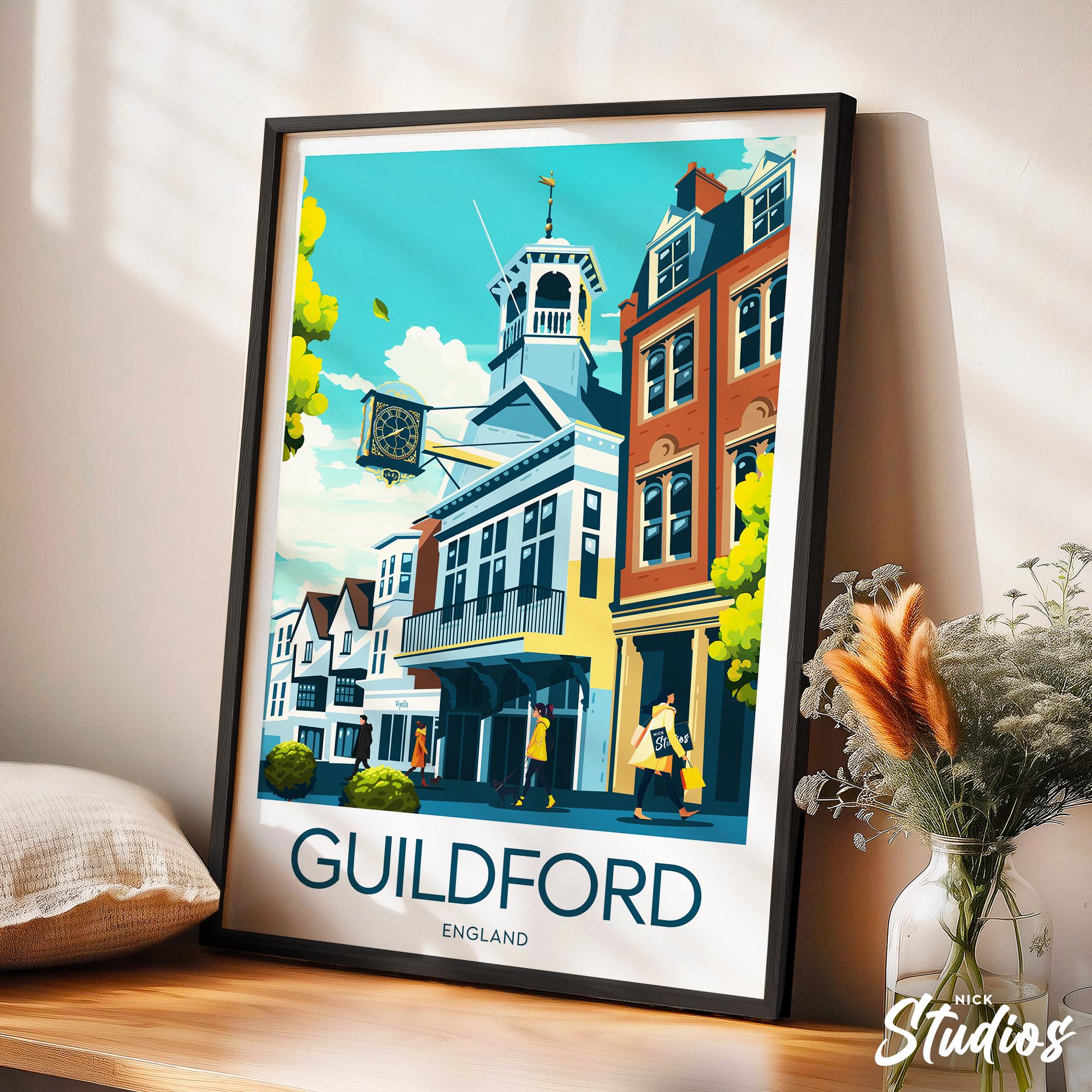 Guildford travel print - England, Guildford poster, Guildford print, Guildford illustration, Wedding gift, Birthday present, Custom Text