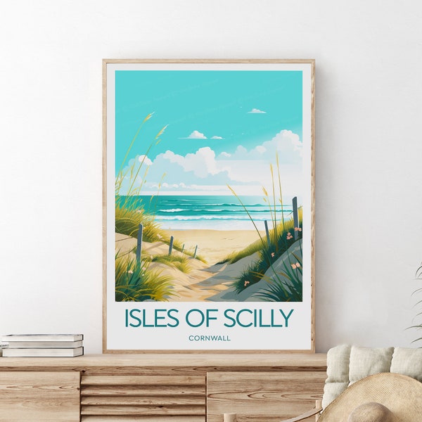 Impression de voyage des îles Scilly - Royaume-Uni, affiche de plage des Cornouailles, impression des îles Scilly, art des Cornouailles, cadeau de mariage, cadeau d'anniversaire