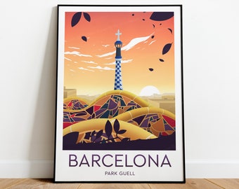 Barcelona evening travel print - Park Güell, Barcelona poster, Travel prints, Birthday gift, Wedding present, Custom Text, Personalised Gift