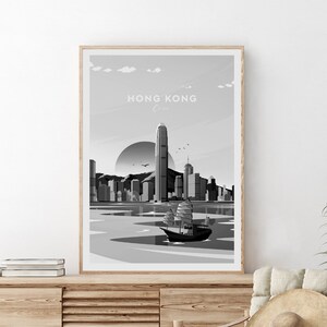 Honk Kong traditional travel print - China, Hong Kong poster, Wedding gift, Birthday present, Black and White