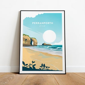 Perranporth traditional travel print - Cornwall, Perranporth Beach, Perranporth poster, Wedding gift, Birthday present