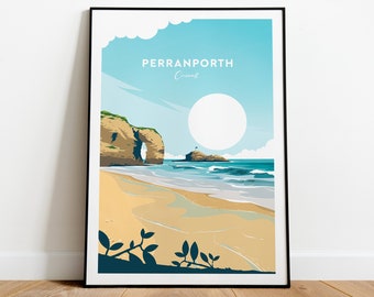 Perranporth traditional travel print - Cornwall, Perranporth Beach, Perranporth poster, Wedding gift, Birthday present