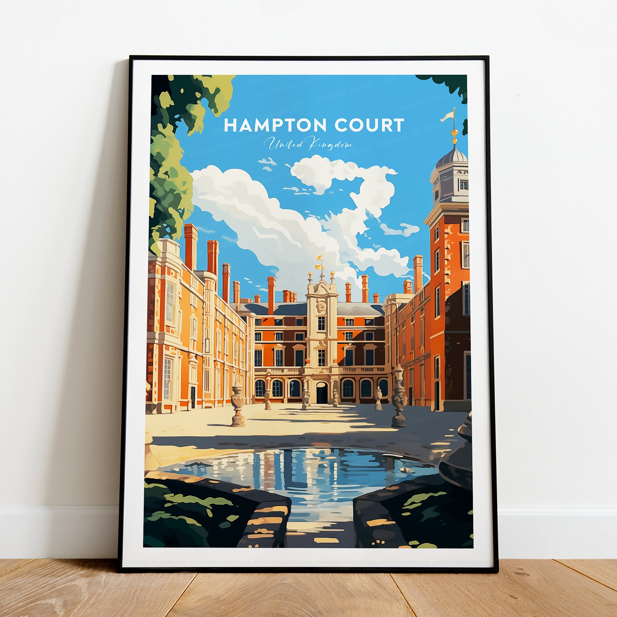 Hampton Court palace traditional travel print - UK, Hampton Court Palace poster, England poster, Birthday present, Wedding gift, Custom Text