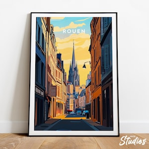 Rouen traditional travel print - France, Rouen poster, Rouen France print, Normandy art, Rouen City illustration, Wedding gift, Custom Text