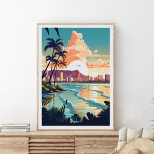 Honolulu traditional travel print - Hawaii, Honolulu poster, Custom Text, Personalised Gift