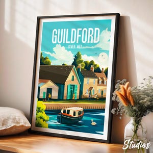 Guildford traditional travel print - England, Guildford poster, Dapdune Wharf print, River Wey illustration, Wedding gift, Birthday present