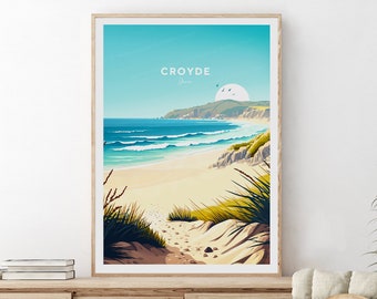 Croyde traditional travel print - Devon, Croyde poster, Croyde print, Birthday present, Christmas gift, Custom Text, Personalised Gift