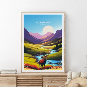 Glencoe traditional travel print - National Nature Reserve, Scotland poster, Glencoe artwork, Wedding gift, Birthday present