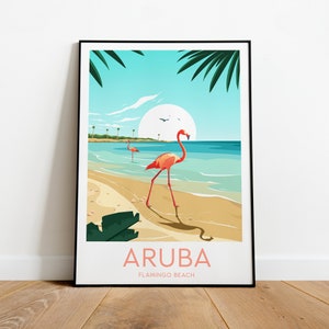 Aruba travel print - Flamingo beach, Custom Text, Personalised Gift