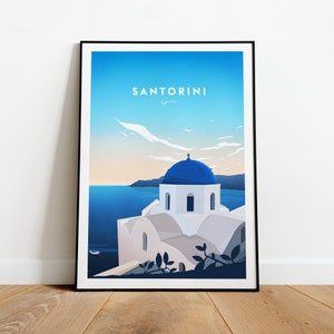 Impresión de viaje tradicional de Santorini - Grecia, póster de Santorini, regalo de boda, regalo de cumpleaños, texto personalizado, regalo personalizado