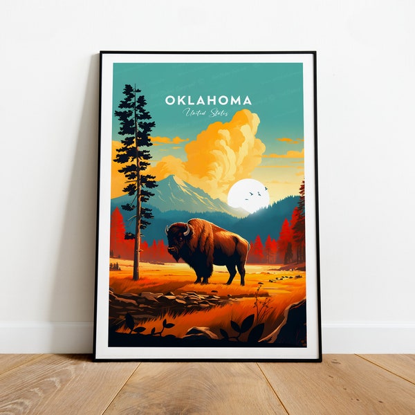 Oklahoma traditional travel print - United States, Oklahoma print, Oklahoma poster, Birthday present, Wedding gift, Custom text