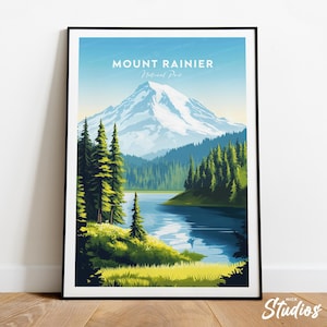 Impression de voyage traditionnelle du mont Rainier - Parc national, estampe du mont Rainier, affiche du mont Rainier, cadeau d'anniversaire, cadeau de mariage