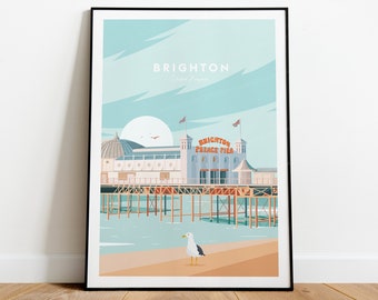 Impresión de viaje tradicional de Brighton (Reino Unido), texto personalizado, regalo personalizado