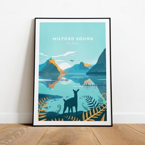 Milford Sound traditional travel print - New Zealand, Milford sound poster, New Zealand art, Wedding gift, Custom Text, Personalised Gift