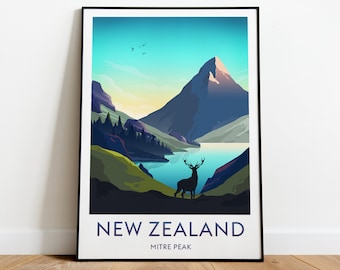 Impression de voyage en Nouvelle-Zélande - Mitre Peak, Impression Nouvelle-Zélande, affiche Nouvelle-Zélande, impression Mitre Peak, affiche Mitre Peak