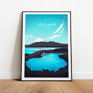 Impression de voyage traditionnelle en Islande - Blue Lagoon, affiche de Reykjavík, cadeau de mariage, cadeau d'anniversaire, texte personnalisé, cadeau personnalisé
