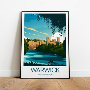 Warwick travel print United Kingdom, Warwick castle poster, Wedding gift, Birthday present, Custom Text, Personalised Gift image 1