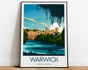 Warwick travel print - United Kingdom, Warwick castle poster, Wedding gift, Birthday present, Custom Text, Personalised Gift