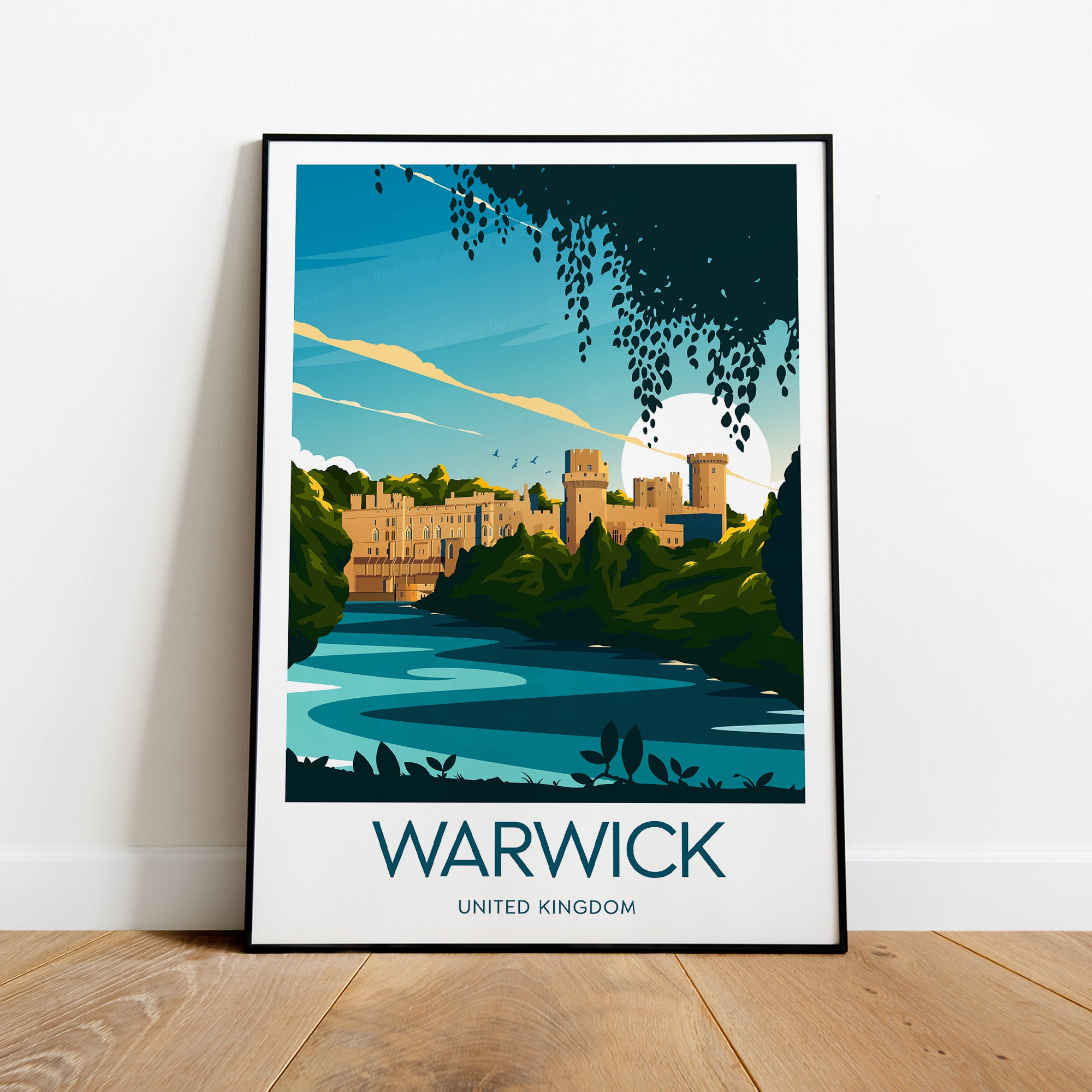Warwick travel print - United Kingdom, Warwick castle poster, Wedding gift, Birthday present, Custom Text, Personalised Gift