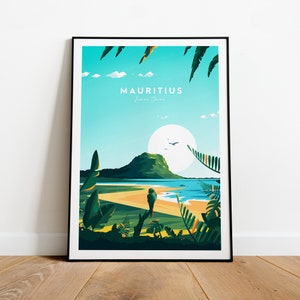 Impresión de viaje tradicional de Mauricio, póster de Mauricio, póster del Océano Índico, regalo de cumpleaños, regalo de boda, texto personalizado, regalo personalizado